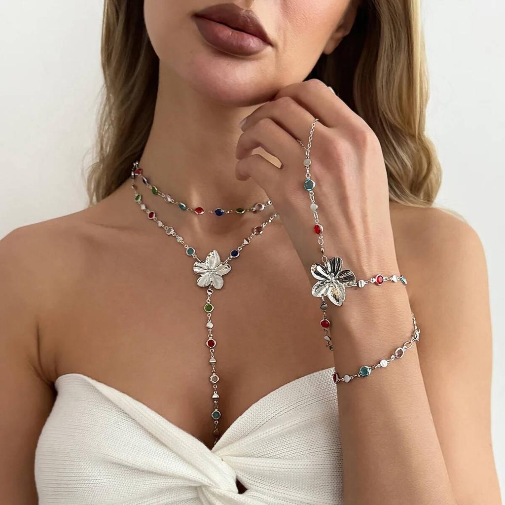 SHIXIN Trendy Colorful Crystal Long Y-Shaped Necklace Metal Flower Bracelet Collarbone Chain Summer Party Bohemian Jewelry Set