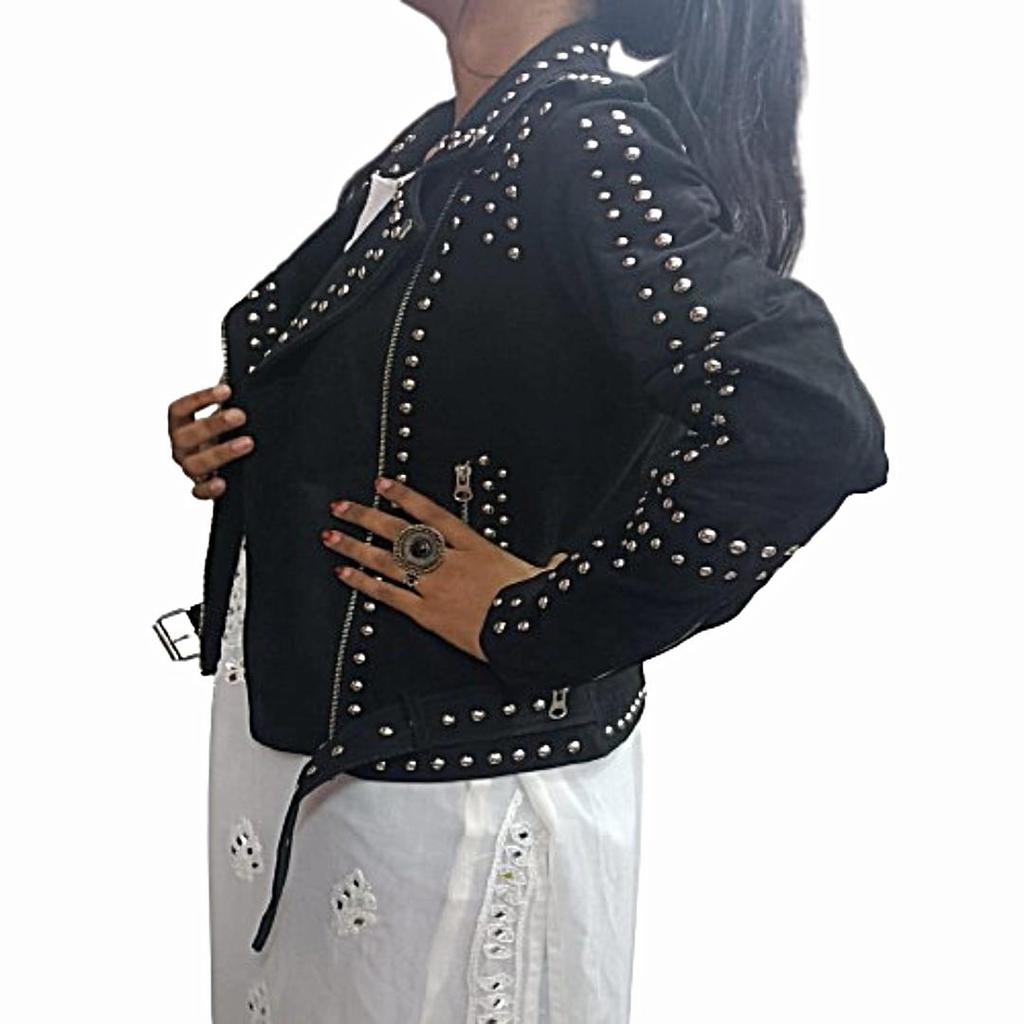 Women's BLACK Suede Leather Jacket,Silver Studded Fashion,Leather Jacket,BIKER Style Suede Jacket,For Girls,Party Wear Jacket,Special Gift For Her