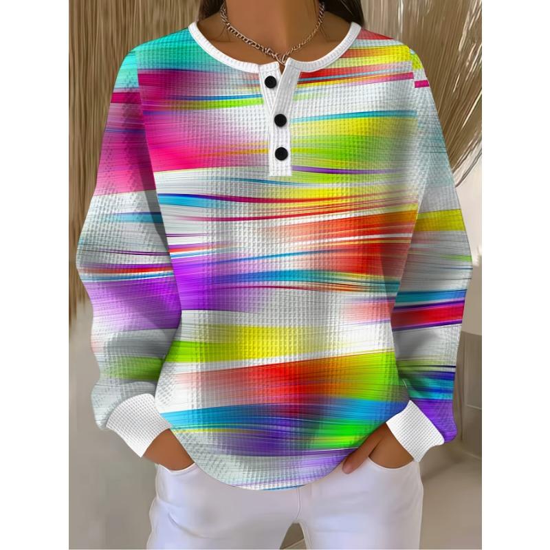 Standard Size Women's Three-Button Henry Collar Waffle Long-Sleeve Top, Featuring a Colorful Horizontal Stripe Print Design.