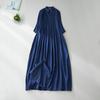 Платье из хлопка и льна с плиссировкой, однотонное, женское, осеннее, новое, свободное и тонкое, с небольшим воротником-стойкой, рукавом семь четвертей, элегантное длинное платье