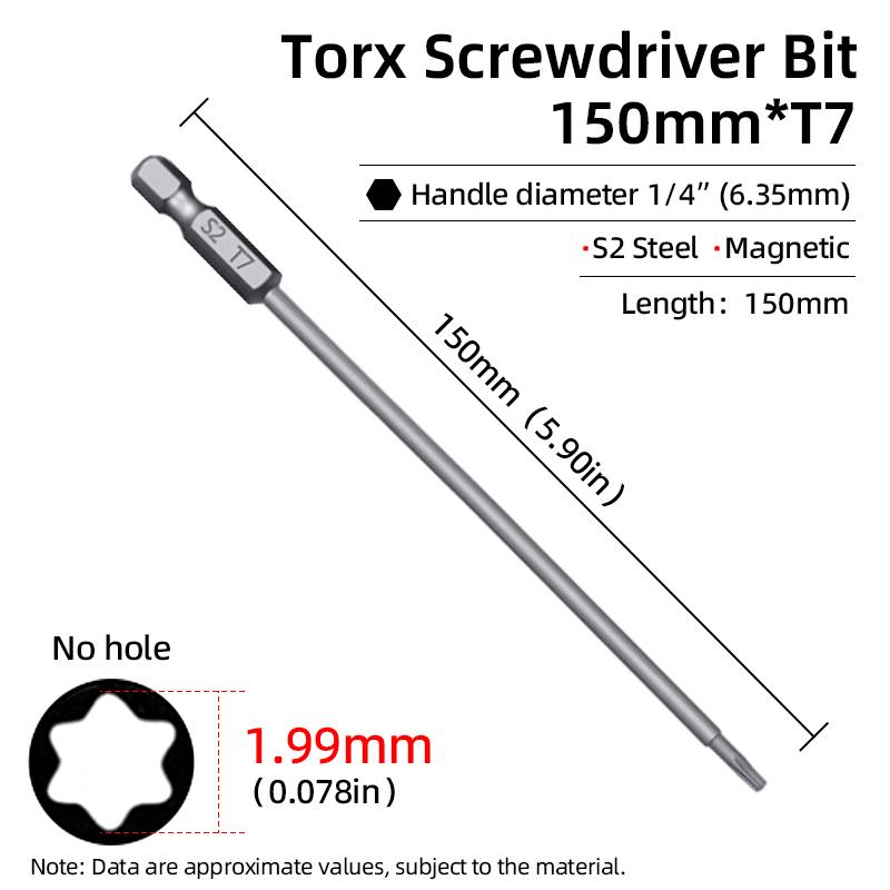 Магнитная отвертка Torx 150 мм T6-T40 1/4" шестигранный хвостовик полое отверстие сливовый цветок безопасные биты S2 сталь электрический ручной инструмент