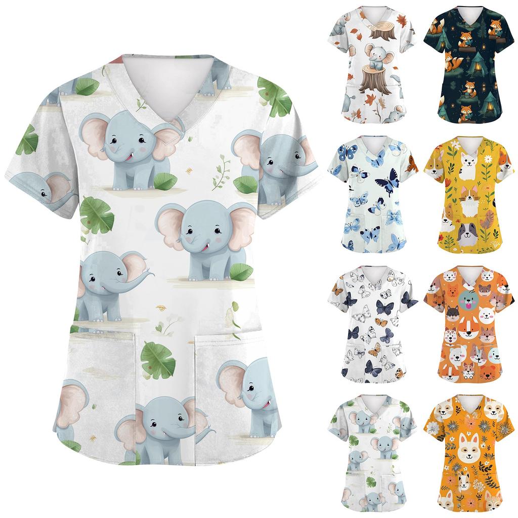 Women's Fashion Short Sleeve Cute Animal Printed V-Neck Pocket Workwear Tops