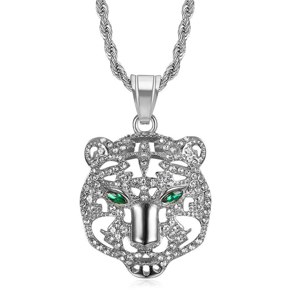 Megin D Нержавеющая сталь Титан Хип-хоп Панк Iced Out Зеленый глаз Тигр Голова кулон ошейник цепи ожерелье для мужчин и женщин ювелирные изделия