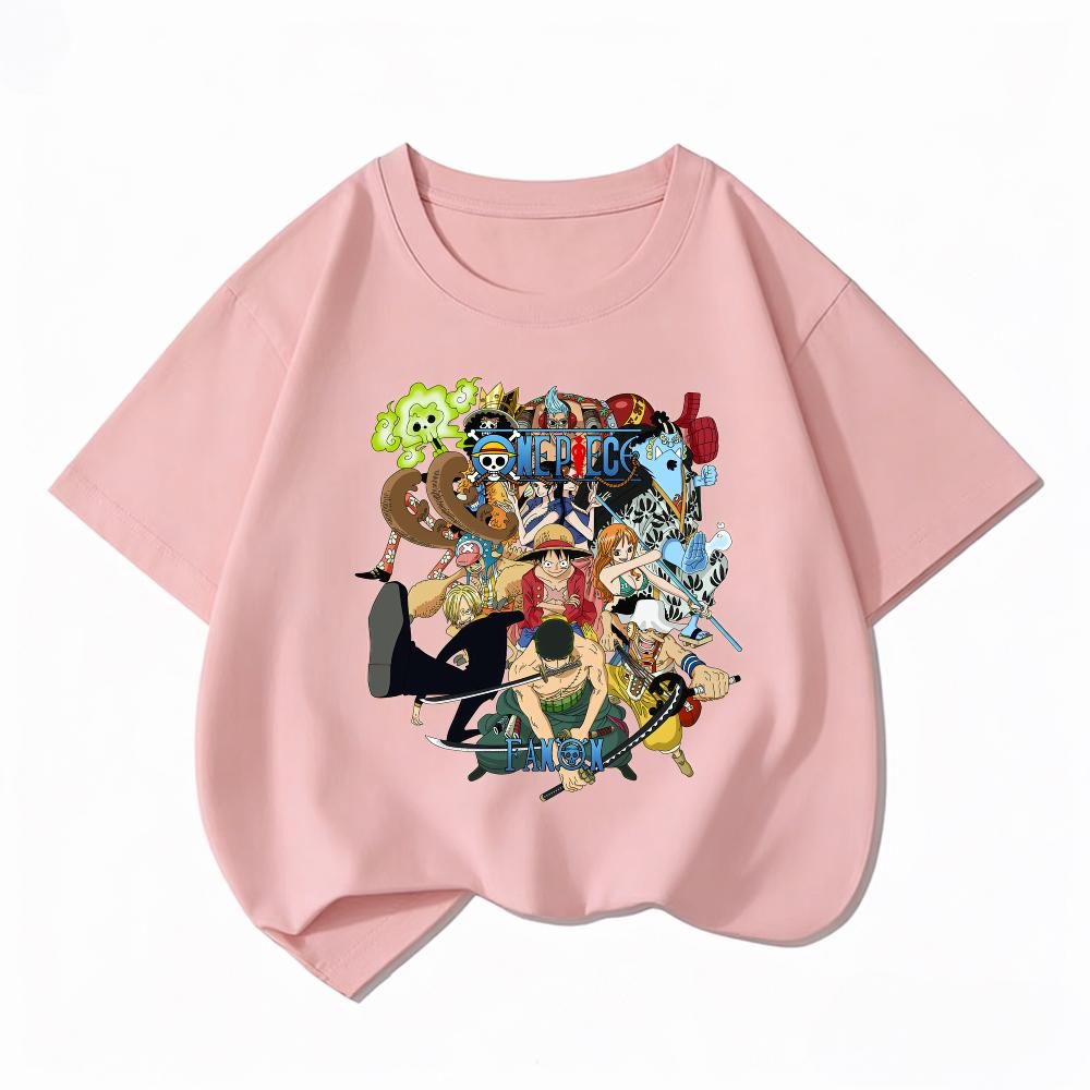Bandai One Piece Luffy Crew Kids T-Shirt Cotton Boys Girls Summer Short Sleeve Clothes Children Anime Graphic Tees