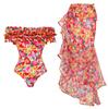 2024 New Detachable Double Shoulder Strap With Ruffles One Piece Swimsuit and Sarong 3D Floral Two Pieces Bikini