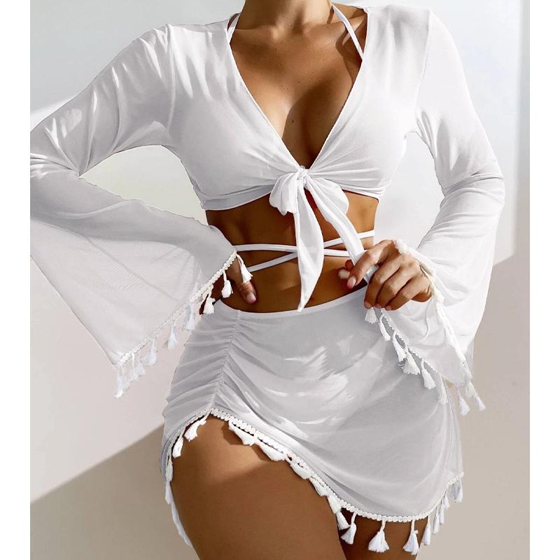 New Women's Split Four Piece Bikini Swimsuit Sexy Solid Lace Up Bikini Elegant Tassel Long Sleeve Fresh Beach Bikini