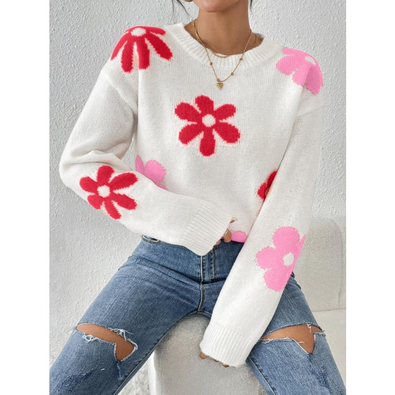 Женский осенне-зимний вязаный свободный свитер с круглым вырезом и цветной аппликацией