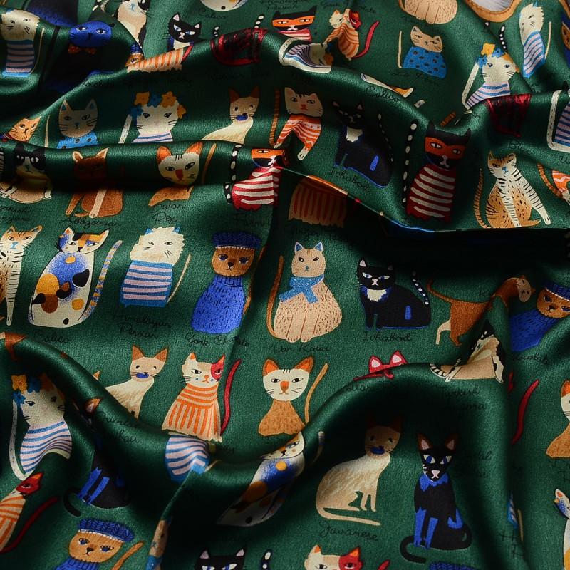 100% Pure Silk Square Scarf Women Lightweight Accessory With Cat Print 53x53cm Green Black Beige