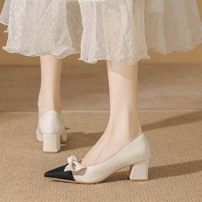 Туфли нежные острый носок мелкий вырез толстый каблук одинарные туфли женские бант темперамент универсальные туфли на высоком каблуке женские