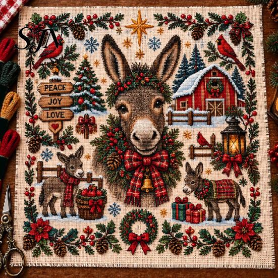 Embroidery Starter Kits for Beginners Christmas Animal Cross Stitch Kit, Holiday Seasonal Handmade Decoration Projects Pattern, Festive Craft