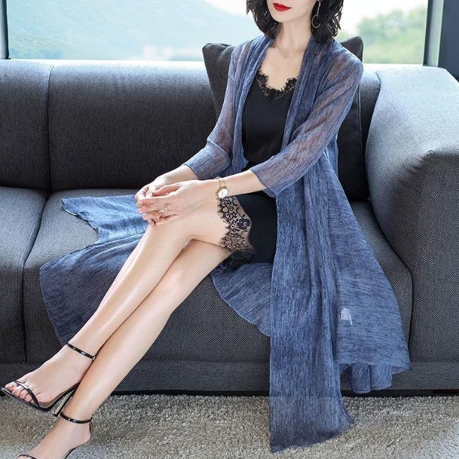 Sunscreen Clothes for Women Summer Lace Mid-length Seven Quarter Sleeves Chiffon Shirts Women's Thin Jackets Cardigans Trendy