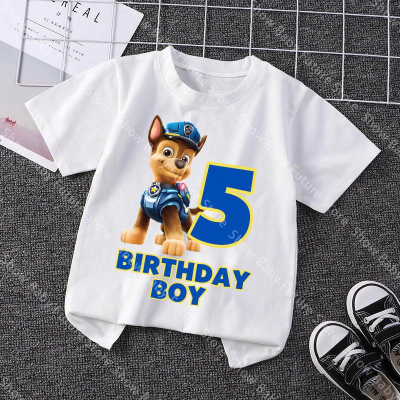 Cute Summer Cotton T Shirt for Boys Girls Cartoon Paw Patrol Chase Birthday Number Tee Shirt Printed Clothes Anime Tops Gifts
