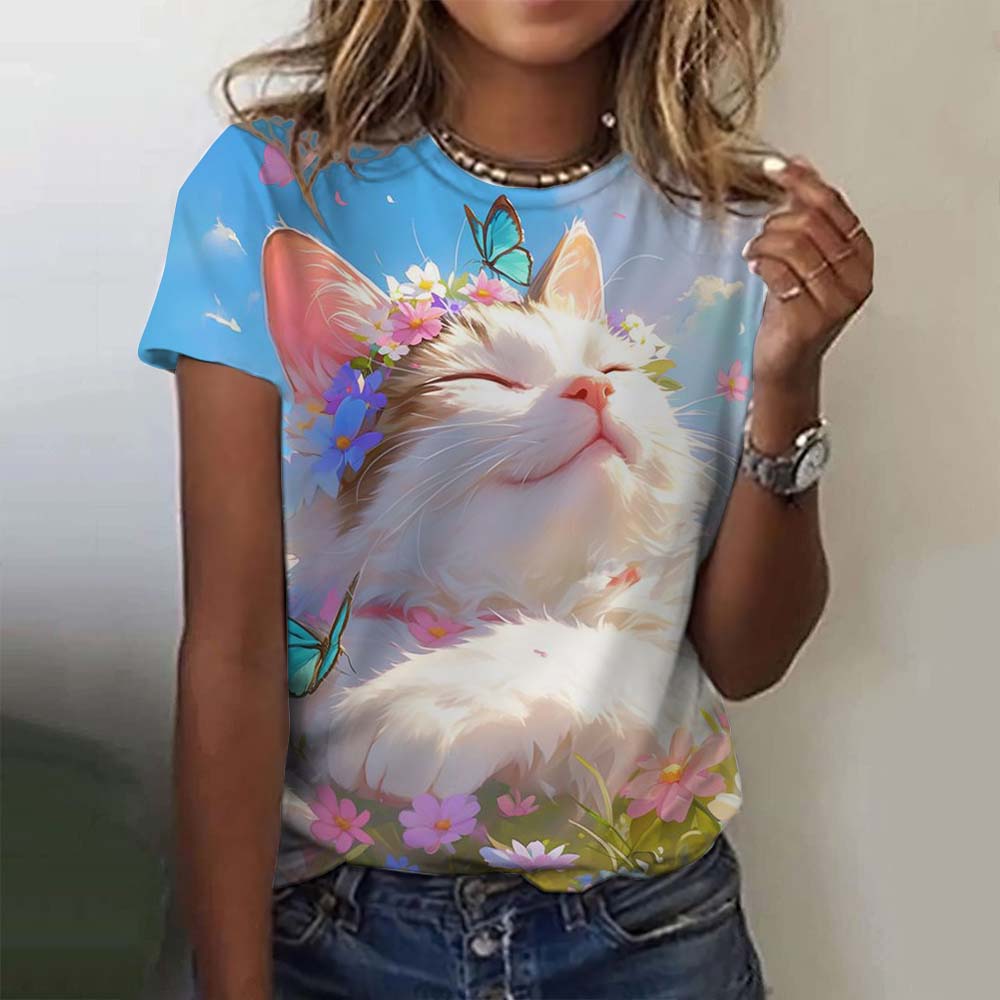 Футболки для женщин и девочек, топы с милым 3D-принтом с изображением кота, модная повседневная одежда с коротким рукавом для женщин, футболки больших размеров