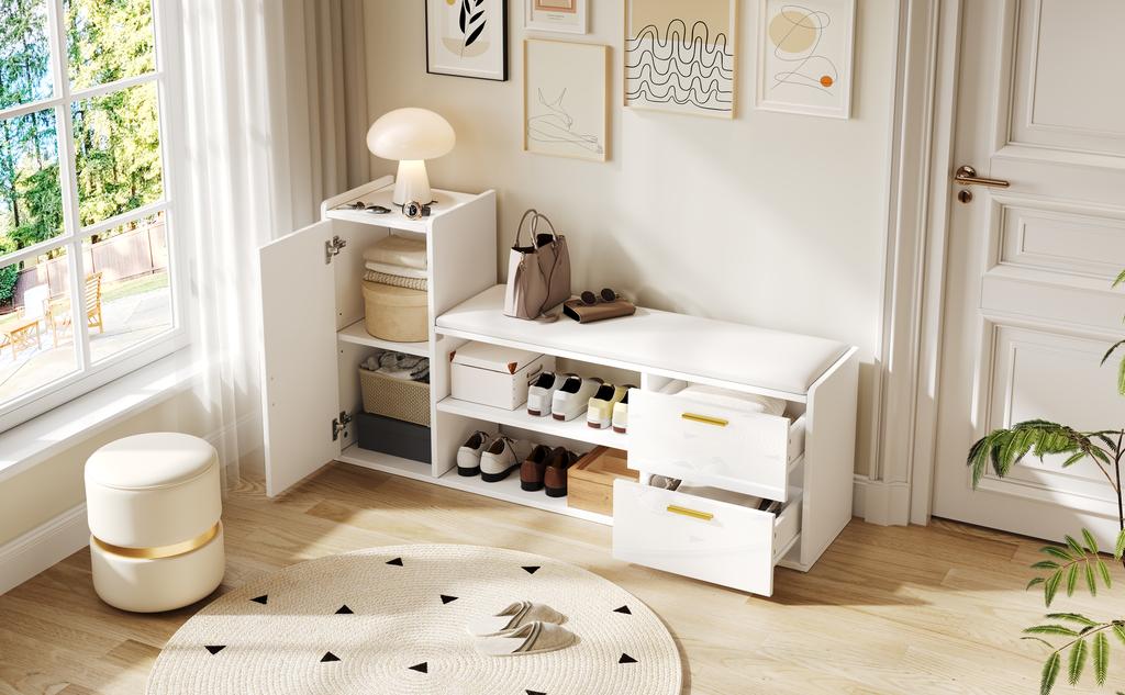 128*30*68cm Shoe Rack with 2 Drawers 1 Cabinet, High-Gloss Shoe Bench with Padding and Storage, Suitable for Living Room, Hallway, Office, White