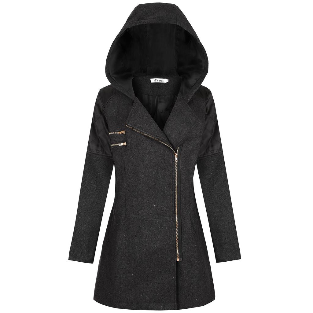 Women's Mid-Length Woolen Hooded Windbreaker with Oblique Zipper - Warm Winter Coat