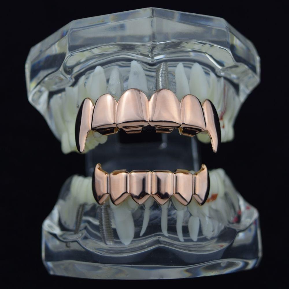 New Custom Fit Rose Gold Color Plated Hip Hop Teeth Grillz Top&Bottom Grill Set for Christmas Party Vampire Tooth Grillz