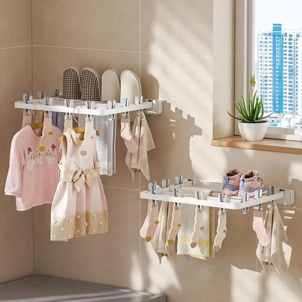 Folding Drying Rack Wall Mounted Space Saving Drying Clip Bathroom Non Perforated Towel Sock Stand Household Balcony Accessory