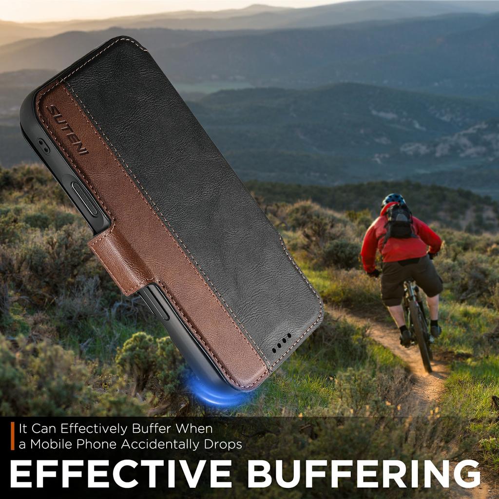 SUTENI Q-07 For iPhone 17 Air Case Magnetic Color Splicing Cowhide Texture Leather Cover