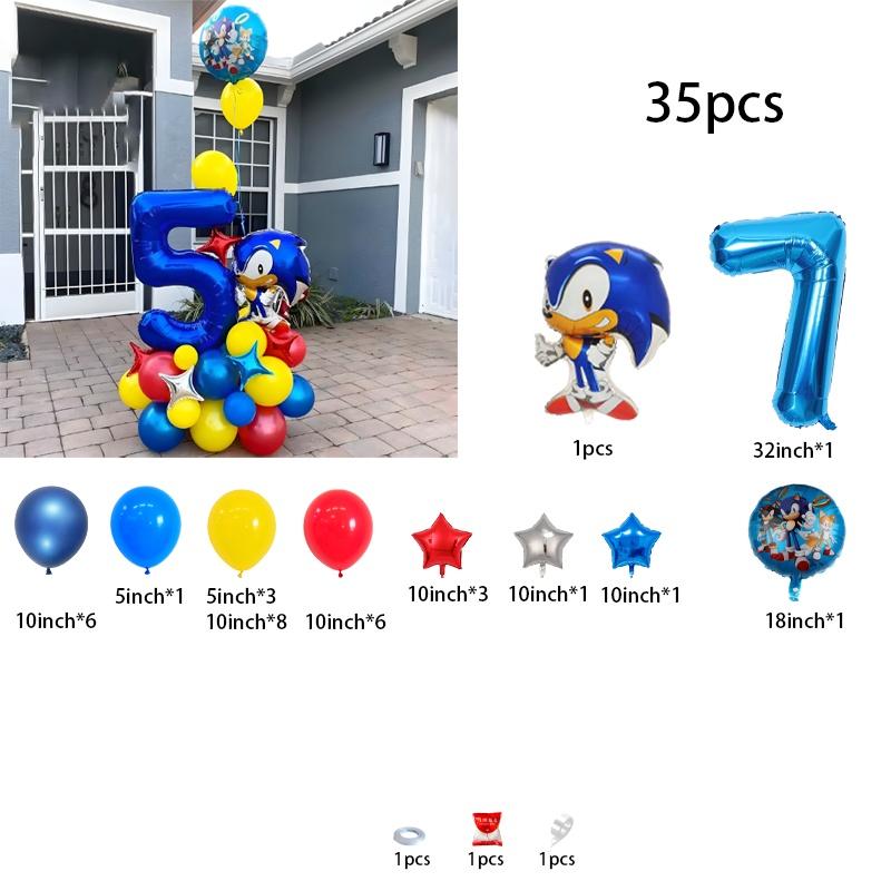 35-Piece Sonic the Hedgehog Cartoon Character Boys’ Balloon Kit – Number Combo Foil Balloons for Birthday Party, Baby Gift