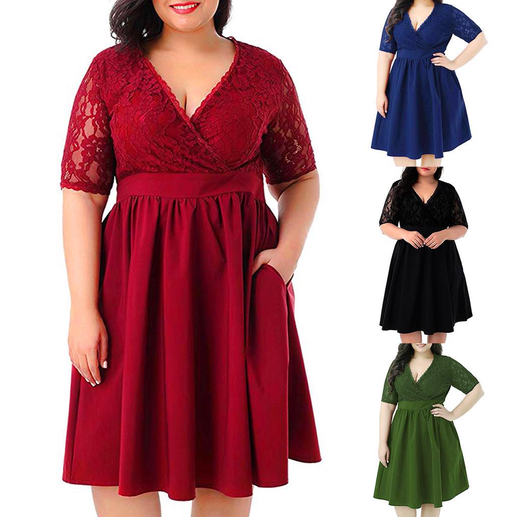 Women Plus Size V-neck Short Sleeve Sexy Lace Stitching Waist Evening Dress
