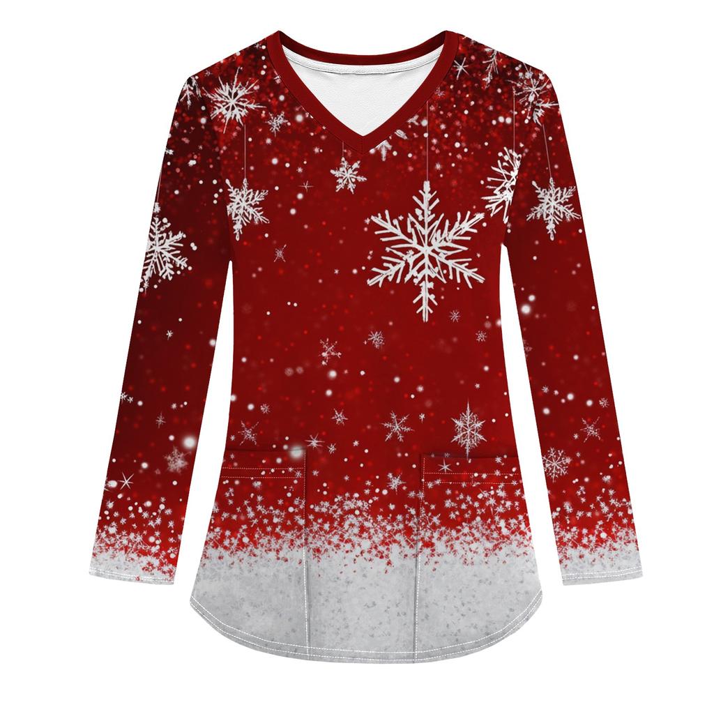 Женская модная рабочая одежда с V-образным вырезом, длинным рукавом и карманом, рождественский принт, футболка, топ