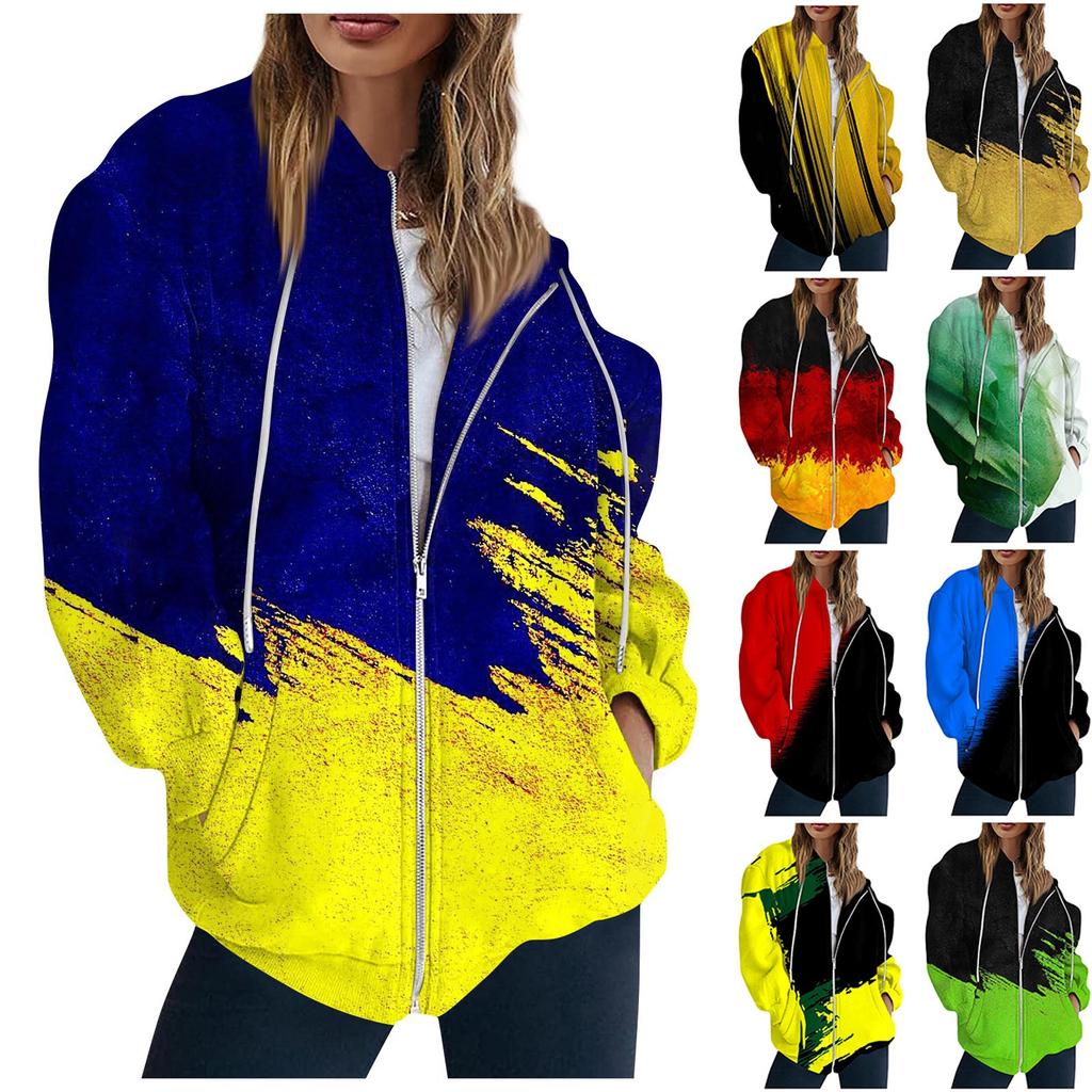 Women's Fashion Casual Printed Sweatshirt Long Sleeve With Pocket Cardigan Jacket Zipper Hoodie Coat