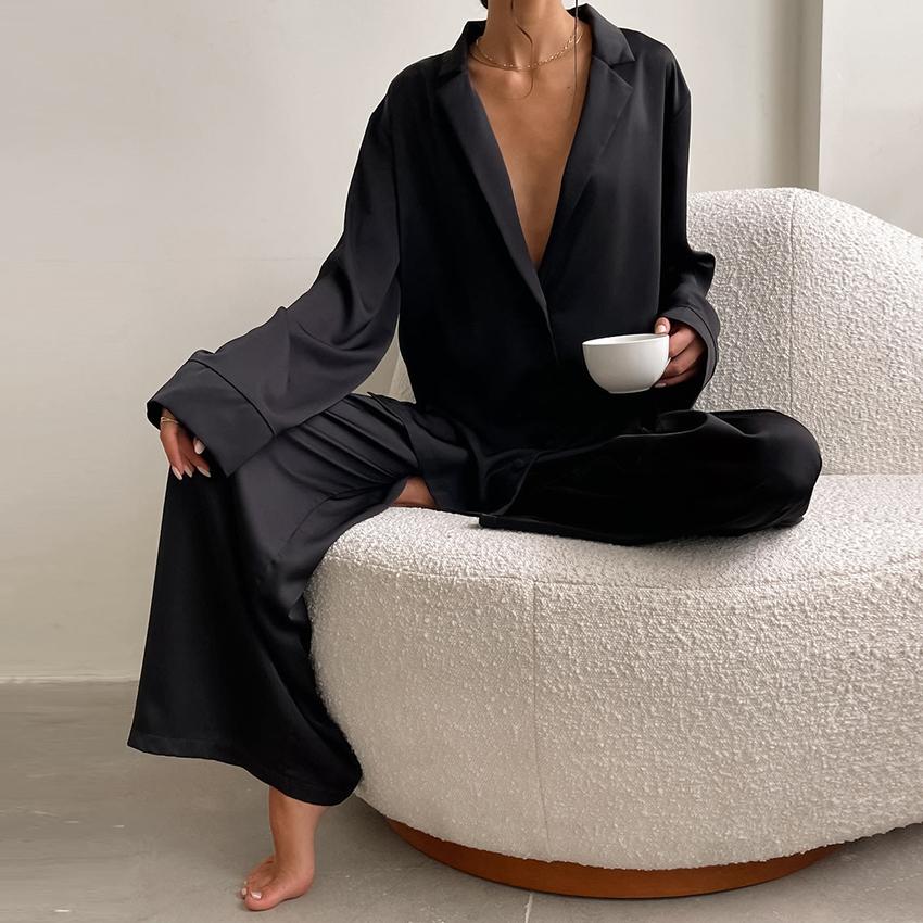 Oversized Sleepwear Low Cut Sexy Pajamas For Women Single-Breasted Long Sleeves Wide Leg Pants Trouser Suits