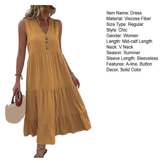 Женское летнее платье с V-образным вырезом без рукавов в стиле пэчворк, трапециевидный подол, чистый цвет, декор на пуговицах, большие качели, мягкое платье до середины икры для отдыха, пляжное платье миди