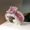 Silver High-definition Pink Diamond Ring Female Personality Opening Pink Four-claw Gemstone Ring Female Party Birthday Gift