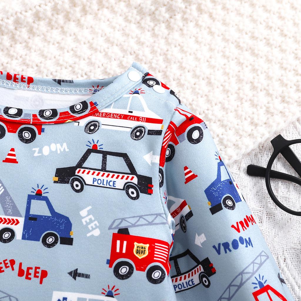 Newborn Baby Boy Cartoon Vehicle Print Long Sleeve Romper