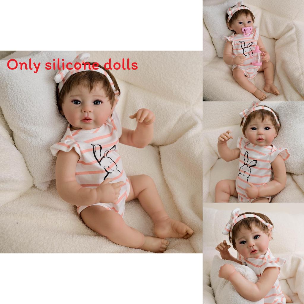 19inch Silicone Reborn Baby Doll With Striped Headband And Rabbit Print Clothing Decorationfor Collectors And Gift Givers