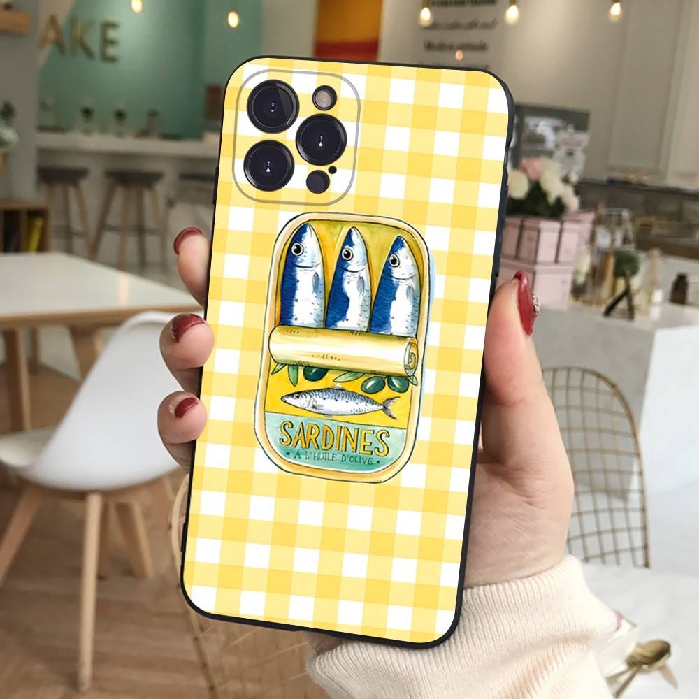 Силиконовый чехол для телефона с сардинами для iPhone 11 12 13 14 15 16 17 Pro Max Черный чехол