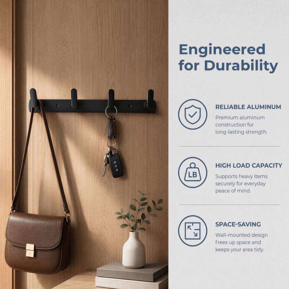 Black Wall Hook Aluminum Towel Rack Modern Coat Rack Space Saving