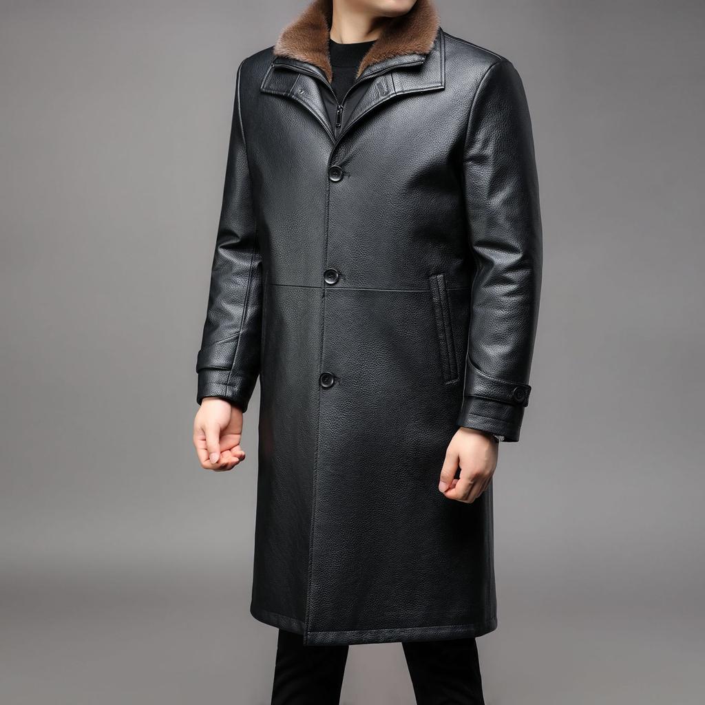 Leather Coat with Velvet and Thickening for Middle-aged Men with Removable Inner Liner, Long Fur All-in-one Genuine Leather Fur Coat