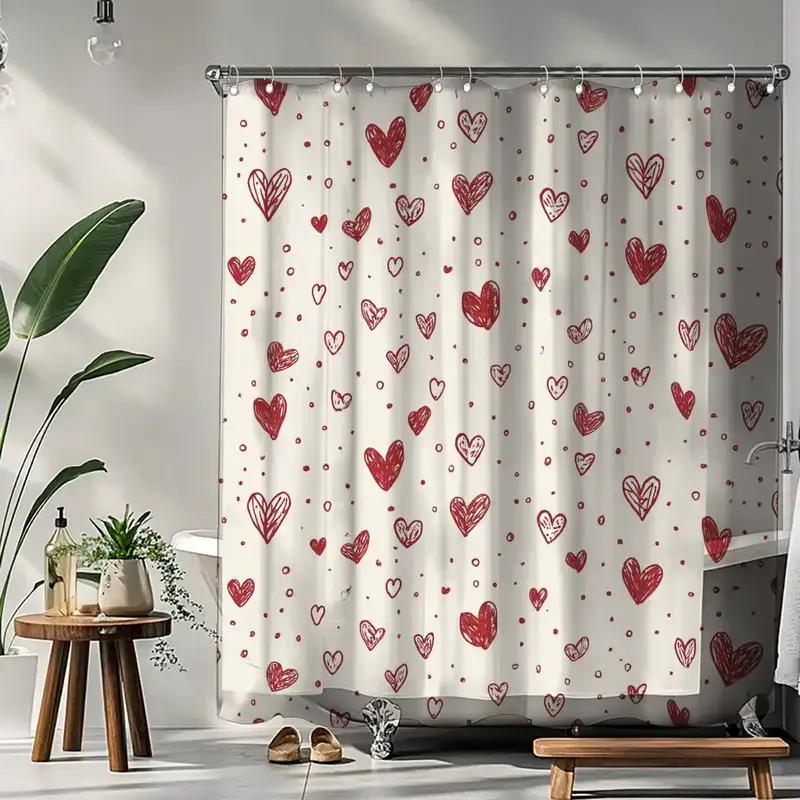 Red Heart Shower Curtain Cream Background Waterproof Anti Mold Bath Liner Romantic Valentine Decoration For Bathroom Home