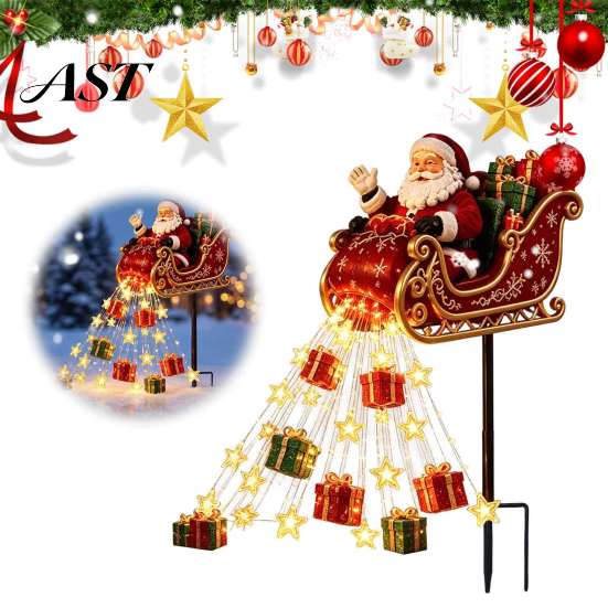 Decorative Christmas Garden Path Markers Santa Sleigh Figurine Light, Solar Powered Stake Outdoor Accents Pouring Gifts Stars Light for Yard