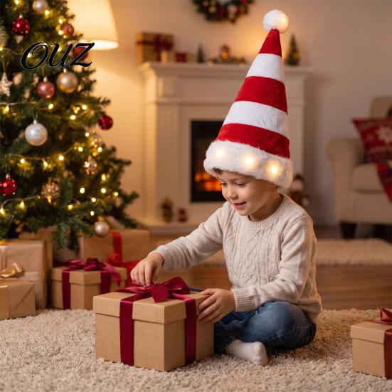 Universal Size Festive Hat Light Up Christmas Tree Hat, Striped Plush LED Party with Glowing Holiday Headwear Fur Trim, Cosplay Costume Accessory for