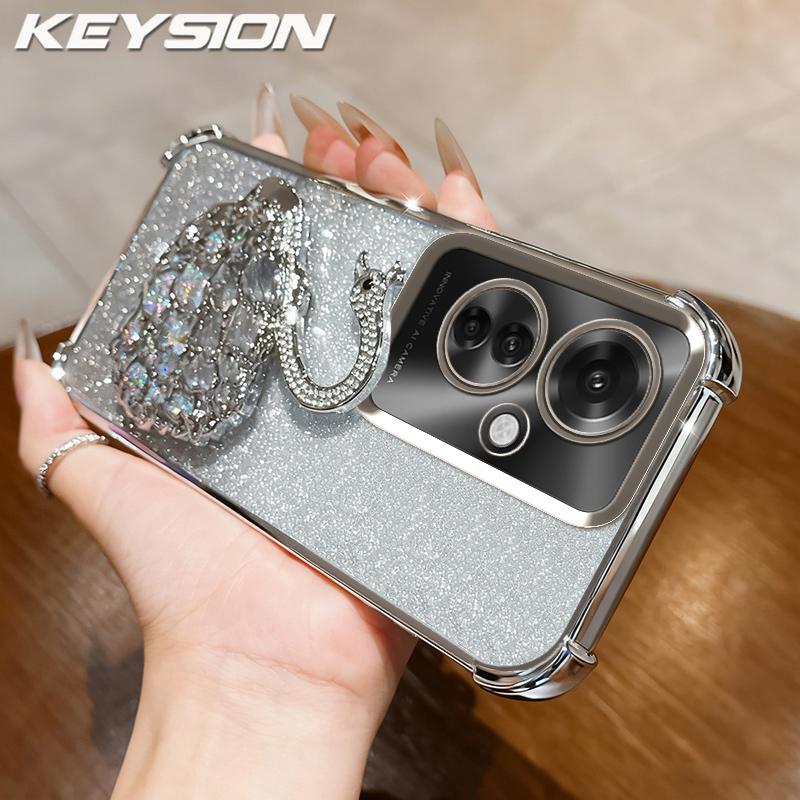 KEYSION Противоударный чехол с гальваническим покрытием для OPPO Reno11 F 5G Прозрачный ТПУ с блестками, инкрустированный драгоценными камнями, подставка в виде лебедя, задняя крышка для OPPO Reno11F 5G