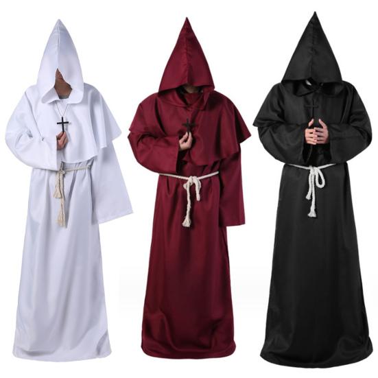 4Pcs/Set Halloween Cloak Costume Medieval Monk Robe Wizard Cosplay Dance Fabric Cape with Strong Drape Big Hat Necklace Waist Rope