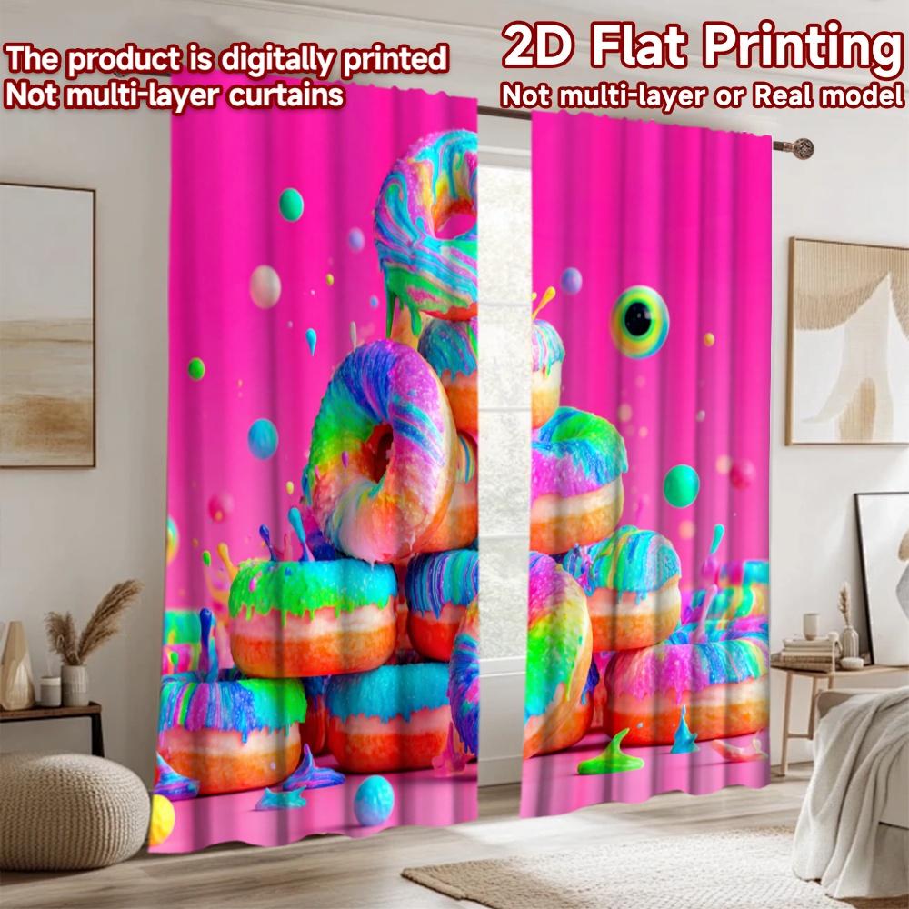 2D flat printing 2pcs Party Curtains Colorful Donuts Stack Digital Printed Polyester Drapes Seasonal Party & Holiday Decor for