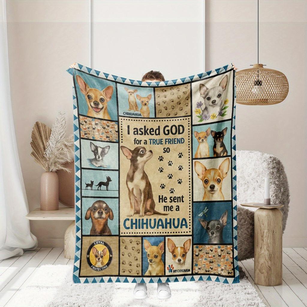 1pc of Cartoon Chihuahua Puppy Claw Print Blanket, Cute Puppy Spliced Light Flannel, Hypoallergenic Flannel Blanket Suitable for All Seasons