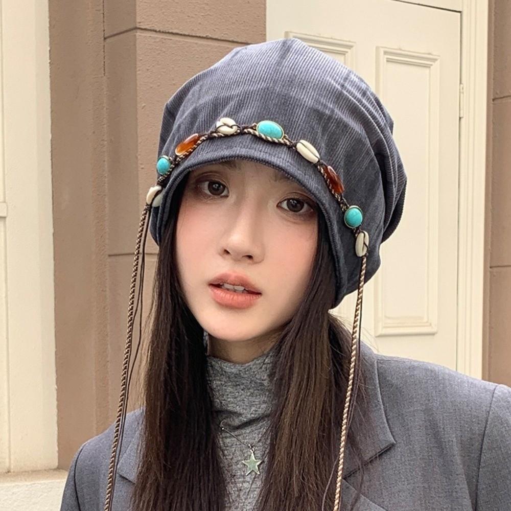 Beaded Decor Y2k Baggy Cap Korean Style Pullover Hats Vintage Beanies Cap  Autumn Winter