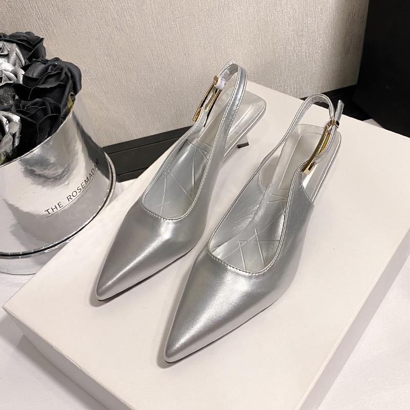 Простые мягкие кожаные сказочные стройные низкий каблук темперамент сумка голова сандалии 2025 повседневные задний ремешок туфли-лодочки острый носок высокий каблук