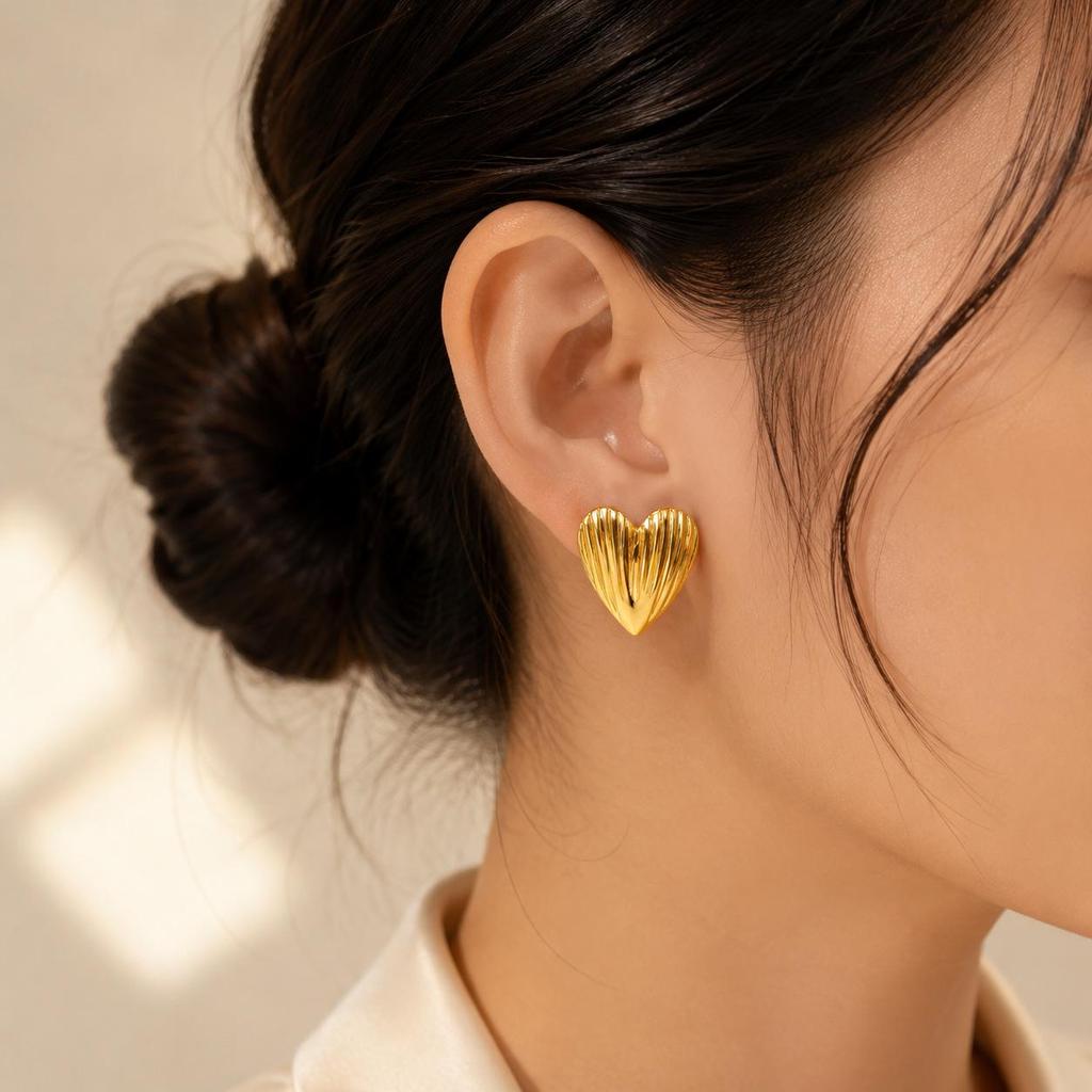 High-End Heart-Shaped Gold Stainless Steel Earrings | Creative Fashion Studs