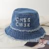 Raw edge denim bucket hat women's spring and autumn retro versatile face small sun hat plain face cover casual basin hat