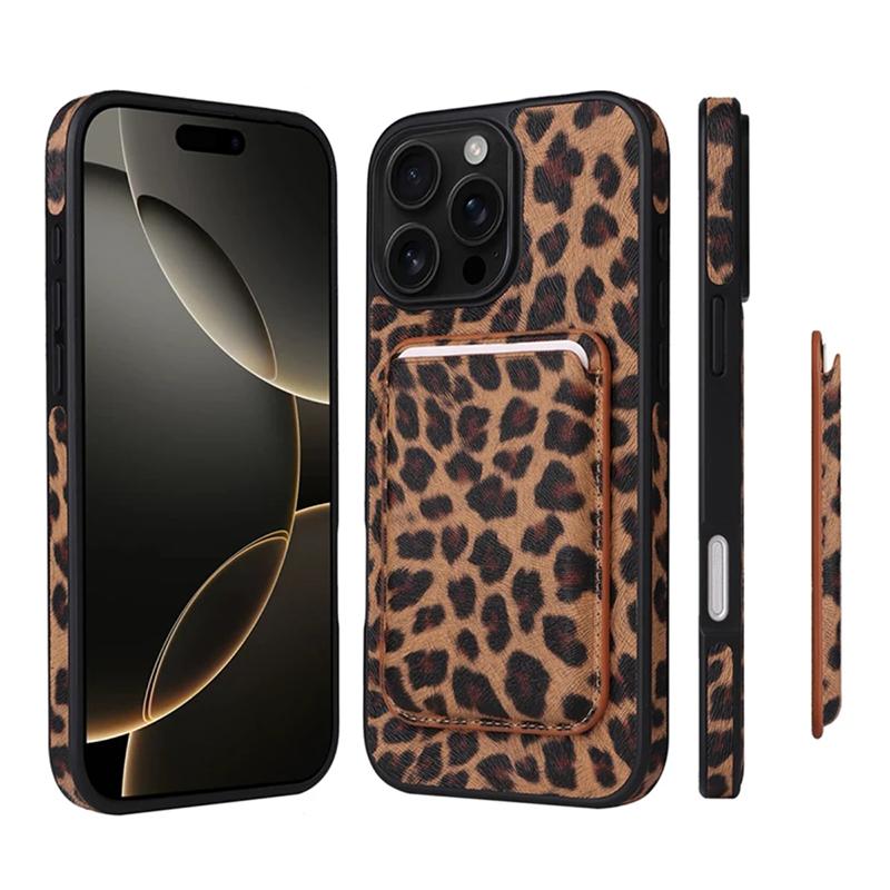 2 In 1 Strong Magnetic For iPhone 17 Pro 16 15 14 Pro Max Magsafe Card Holder Wallet Leather Case Leopard Saffiano Carbon Fiber