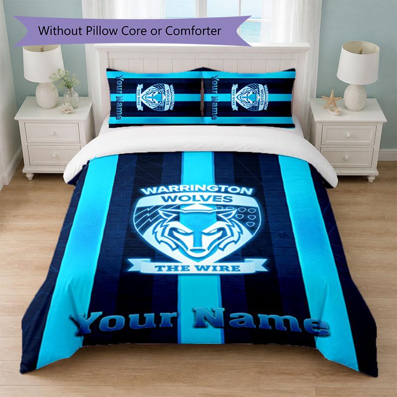 Warrington Wolves FC Custom Name Text Bedding Set 1 Duvet Cover+2 Pillowcases Soccer Logo Personalized Gift For Special Occasion Bedroom Decor