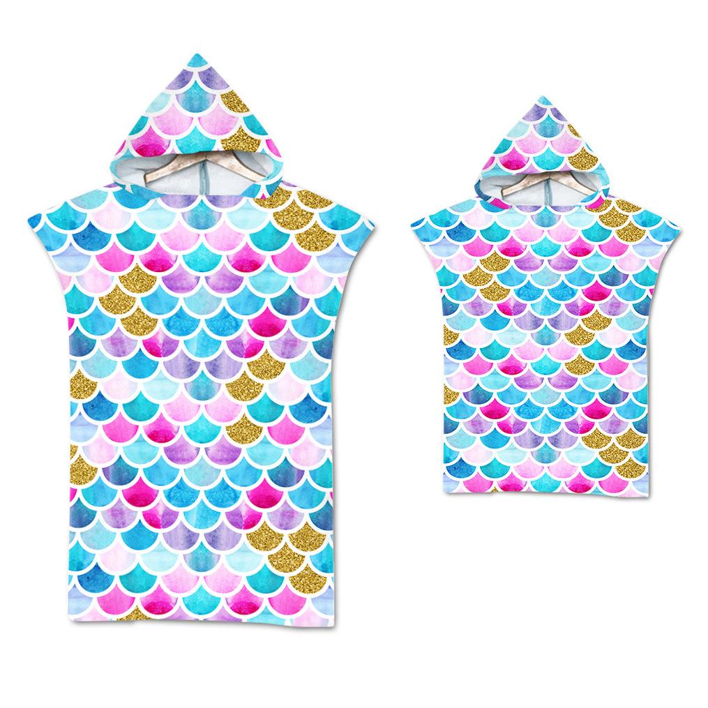 Радужная чешуя Микрофибра Пляжное полотенце Быстросохнущий Плащ с капюшоном Полотенца для гидрокостюма Взрослые Дети Родитель-ребенок Пончо Халат для плавания серфинга