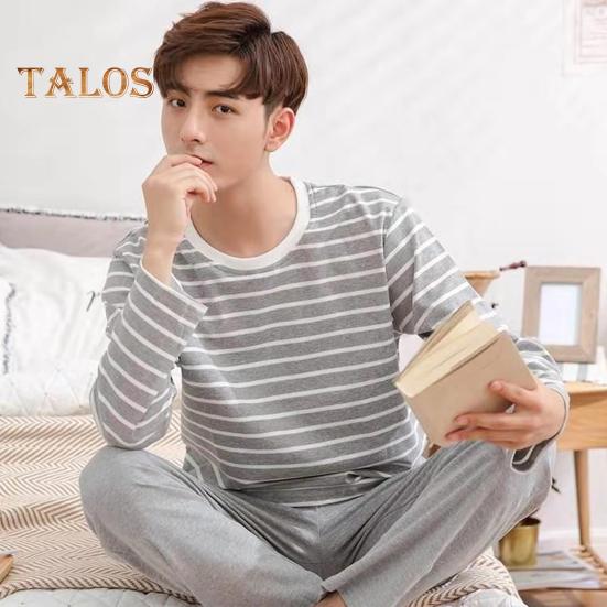 Комплект из 2 предметов: мужская пижама с круглым вырезом, длинными рукавами, полосатым принтом, топами и длинными брюками на эластичной талии, комплект домашней одежды для отдыха