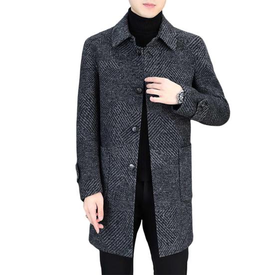 Men Woolen Coat Lapel Long Sleeve Single Breasted Mid-Length Overcoat with Pockets Casual Daily Wear